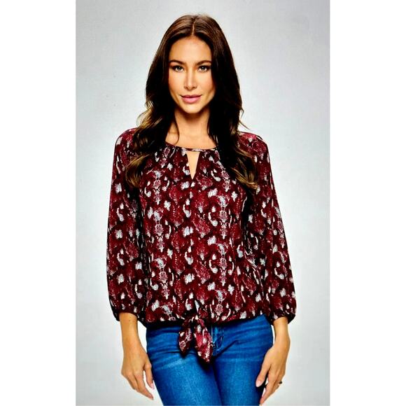 West Kei Veronica Tie Front Blouse Burgundy Snake size S - Picture 2 of 11
